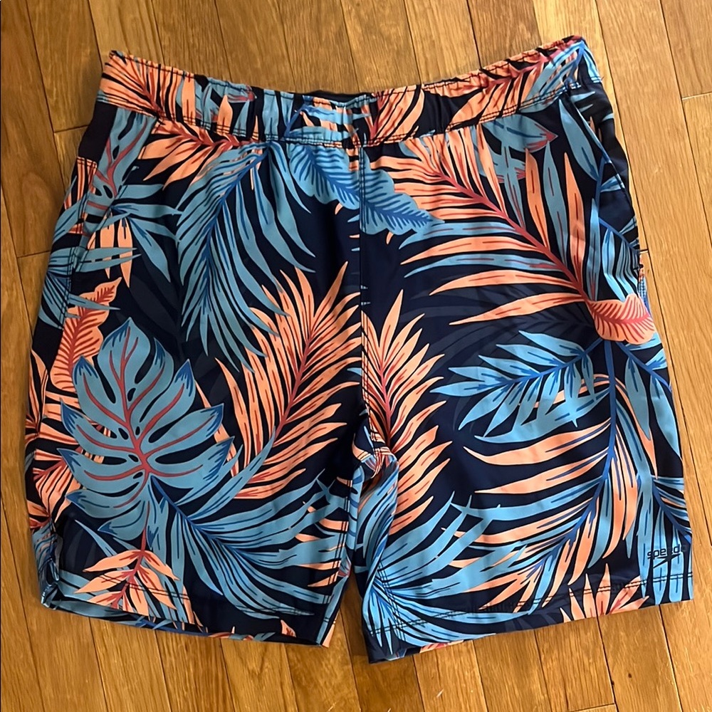 Brand New Men's Blue and Orange Leaf Print Swim Shorts